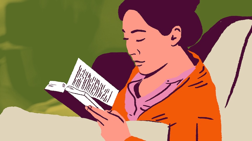 An illustration of a woman leaning on a couch and reading a book