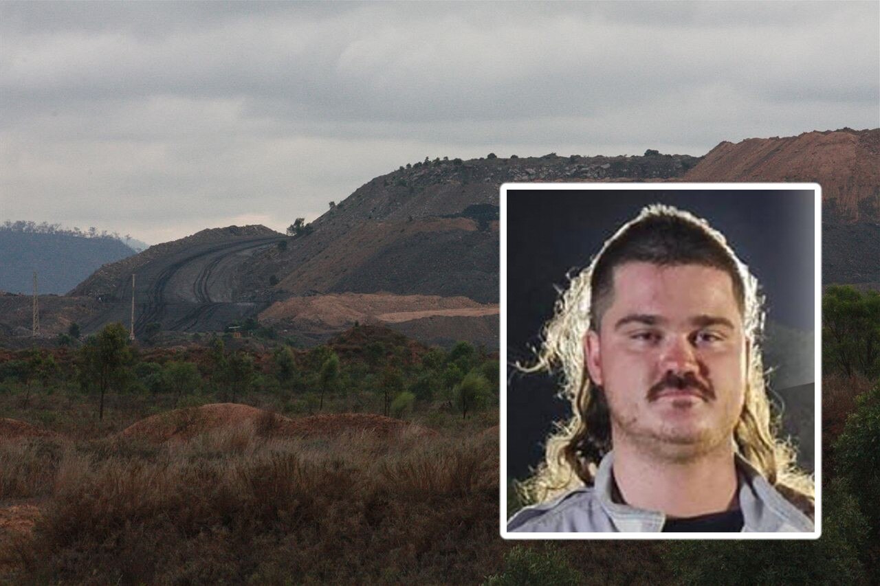 A composite image of an open cut mine, with a gravel road leading to a rock hill, and young man with a moustache and a mullet.