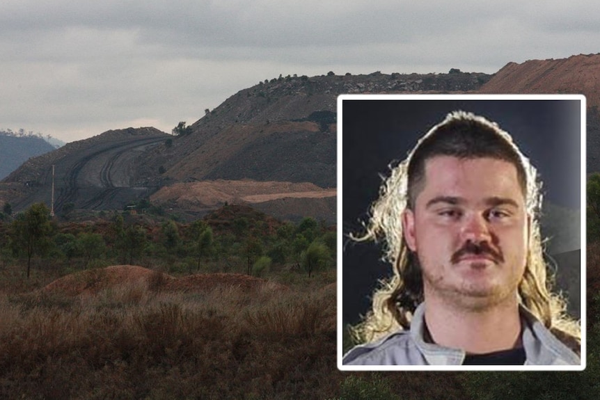 A composite image of an open cut mine, with a gravel road leading to a rock hill, and young man with a moustache and a mullet.