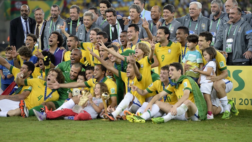 Brazil lift the Confederations Cup trophy after beating Spain