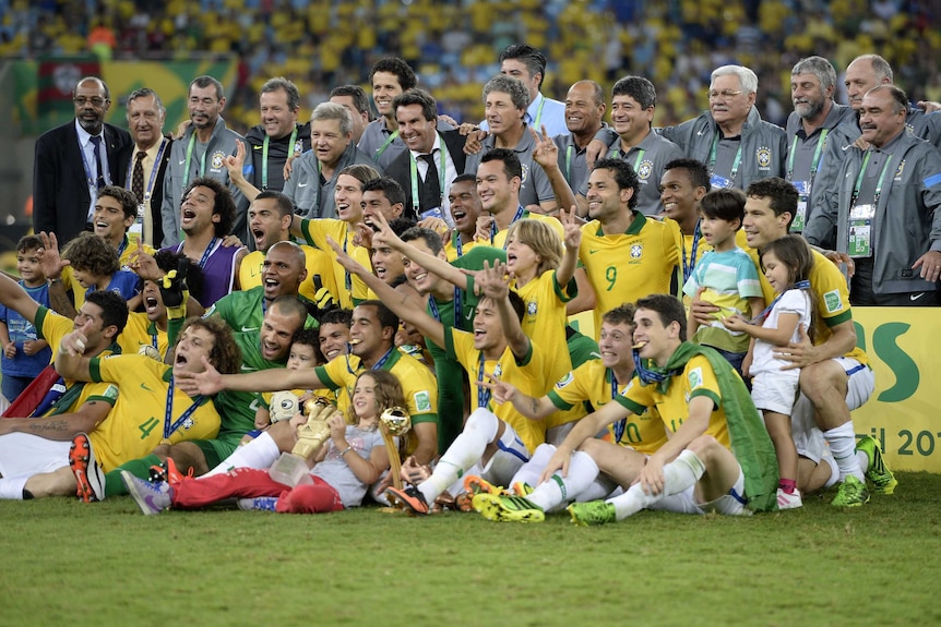 Brazil lift the Confederations Cup trophy after beating Spain
