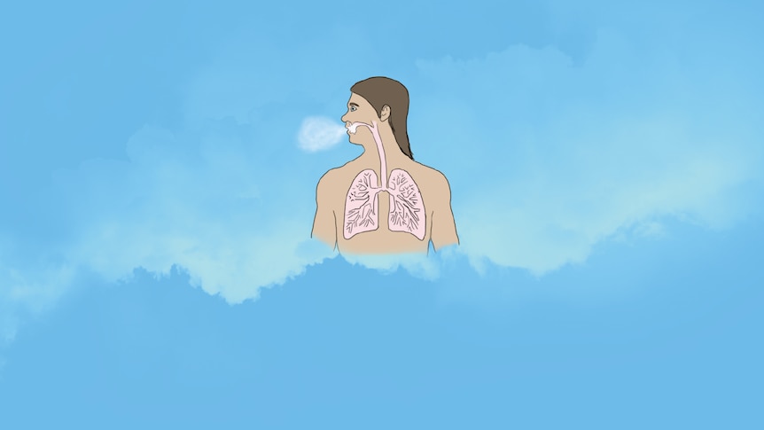 A diagram of a human torso. White vapour is being breathed out.
