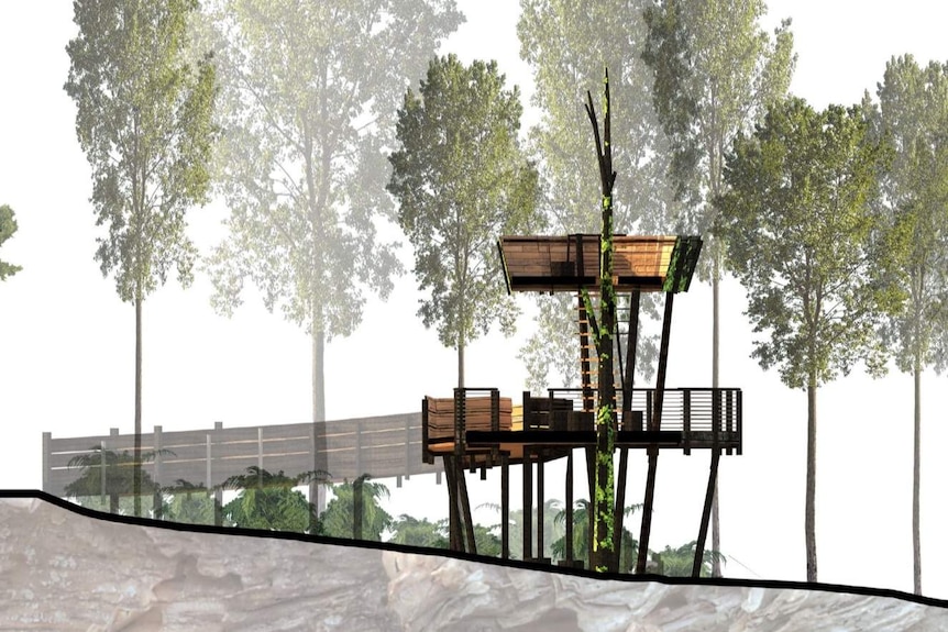 An artist's impression of a treehouse gazebo made of recycled timber.