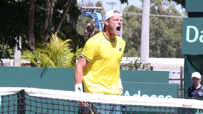 Australia's Sam Groth during his Davis Cup singles rubber against Kazakhstan's Mikhail Kukushkin.