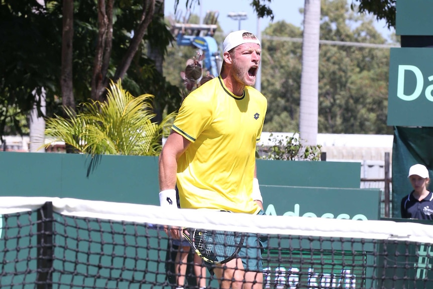 Australia's Sam Groth during his Davis Cup singles rubber against Kazakhstan's Mikhail Kukushkin.