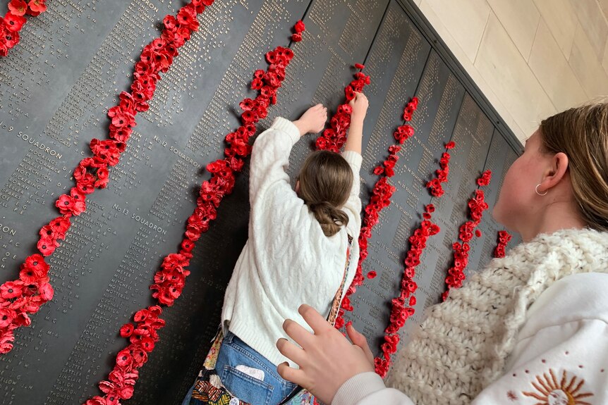 A granddaughter places a poppy next to her great grandfather's name on the Roll of Honour at the Australian War Memorial.