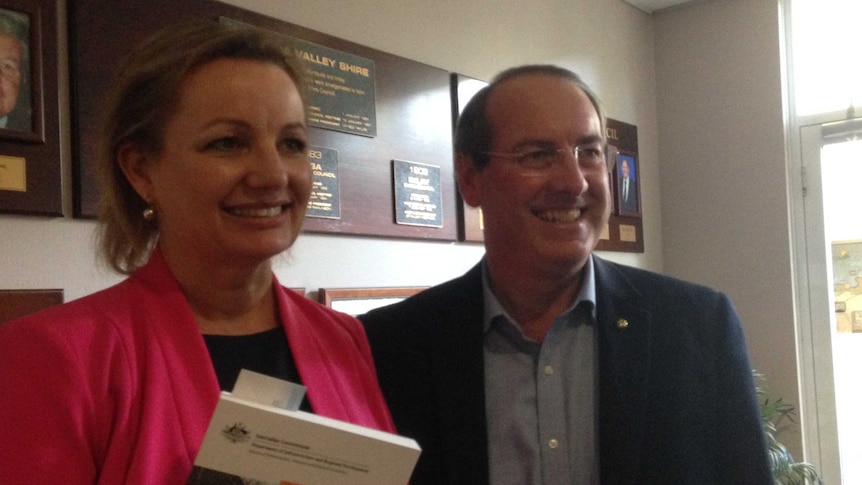 Health Minister Sussan Ley and Eden-Monaro MP Peter Hendy at a meeting at Bega. (18 May 2015)