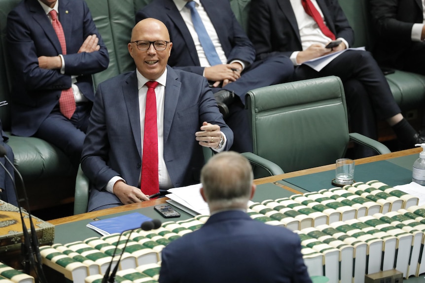 Dutton chuckles as he points at Albanese across the dispatch box