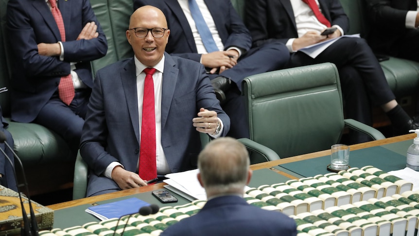 Dutton chuckles as he points at Albanese across the dispatch box