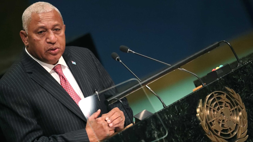 Prime Minister Frank Bainimarama of Fiji speaks at the conclusion of a UN climate talk in New York.