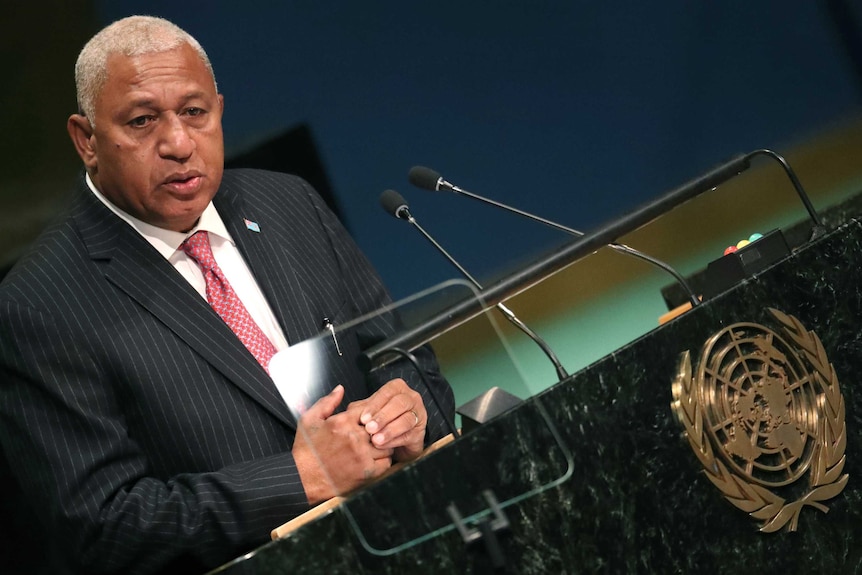 Prime Minister Frank Bainimarama of Fiji speaks at the conclusion of a UN climate talk in New York.