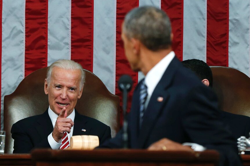 Vice President Joe Biden points to Barack Obama while Obama delivered his final State of the Union address.