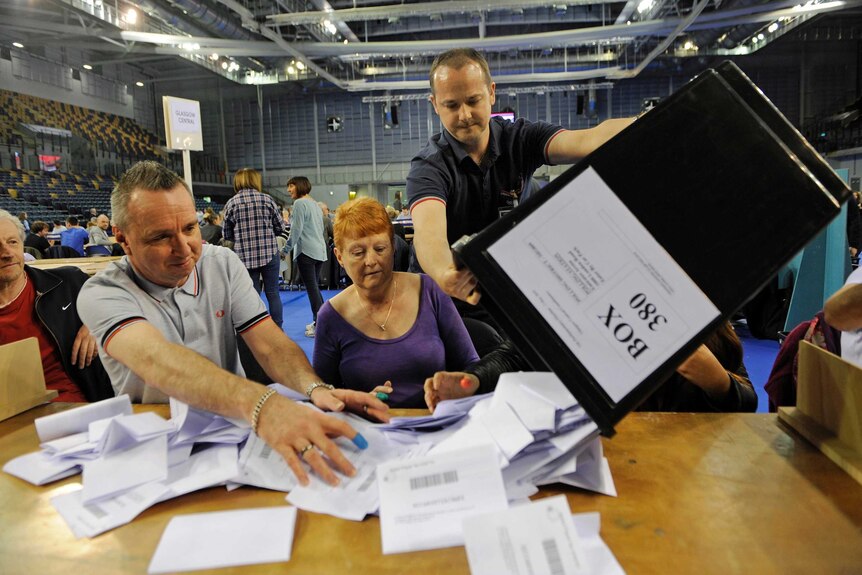 Counting staff sort through ballot papers
