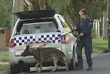 Police officer and dog outside siege house