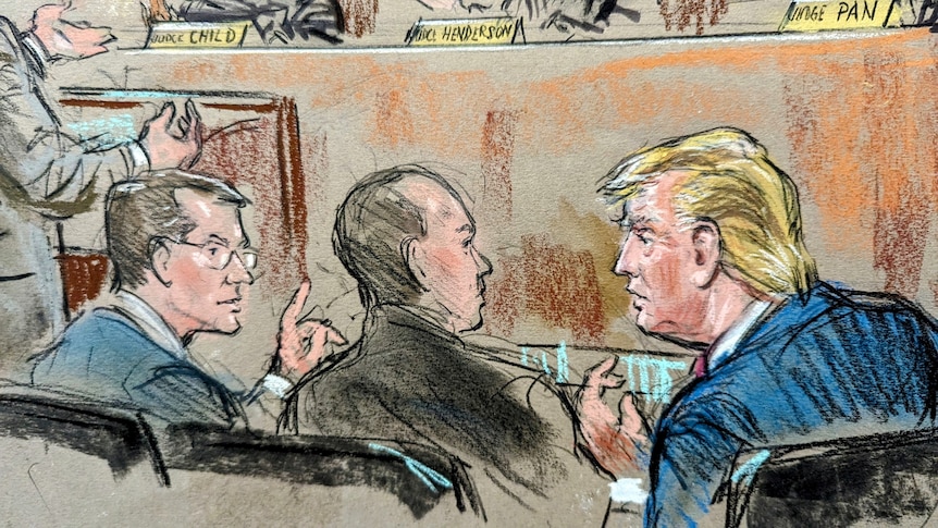 Court sketch of blonde haired Donald Trump and lawyers 