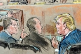 Court sketch of blonde haired Donald Trump and lawyers 