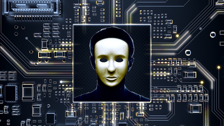 A illustration of a person in a mask with a computer chip in the background.