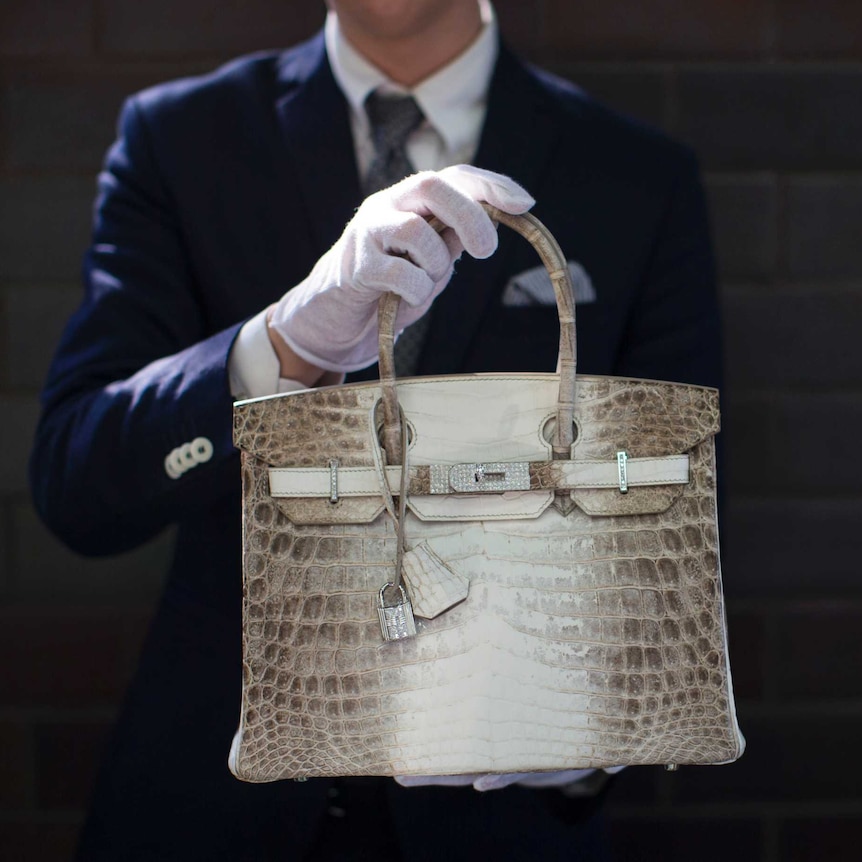 A person wearing white gloves holds the Hermes diamond and Himalayan Nilo Crocodile Birkin handbag.