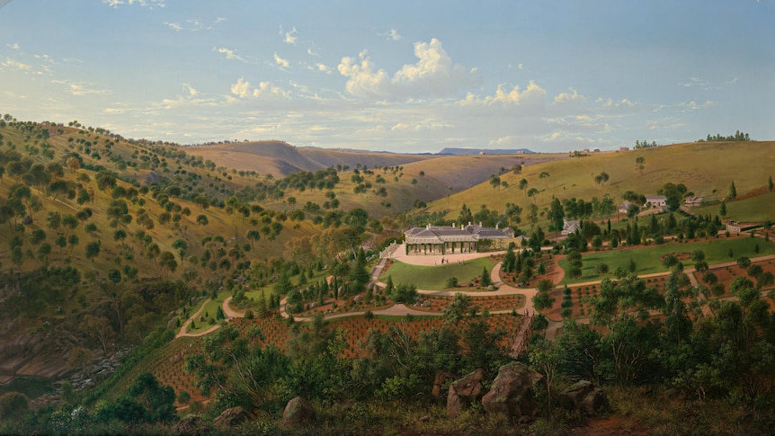 A 19th-century colour painting shows a pastoral landscape with rolling hills and a vineyard in the foreground.