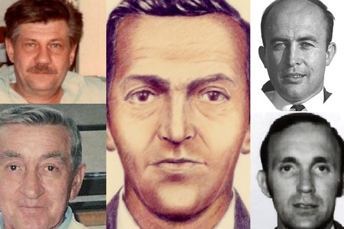 A composite of a DB Cooper sketch and photos of four men, who look similar around it 