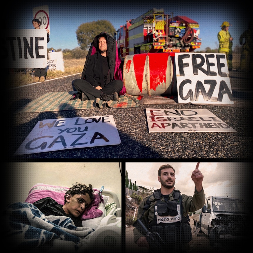 A composite image of protests and suffering during the Israel/Gaza conflict. 