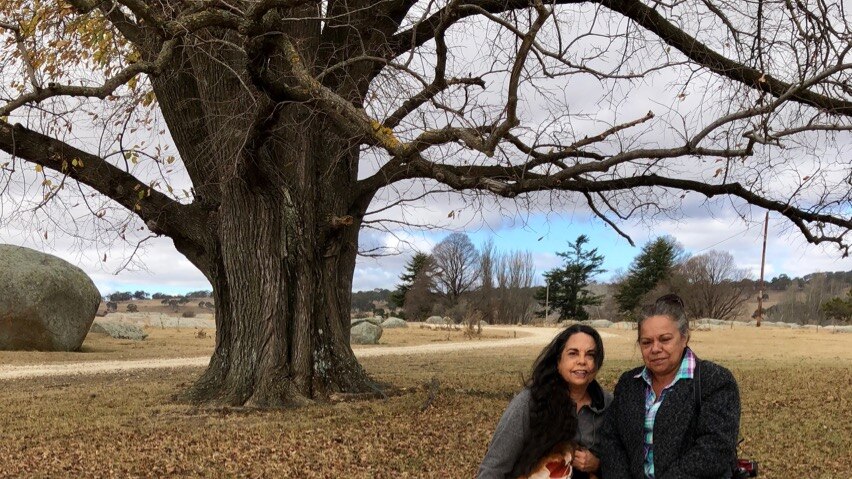 Two indigenous women under a tree displaying a possum skin cloak the size of a single doona