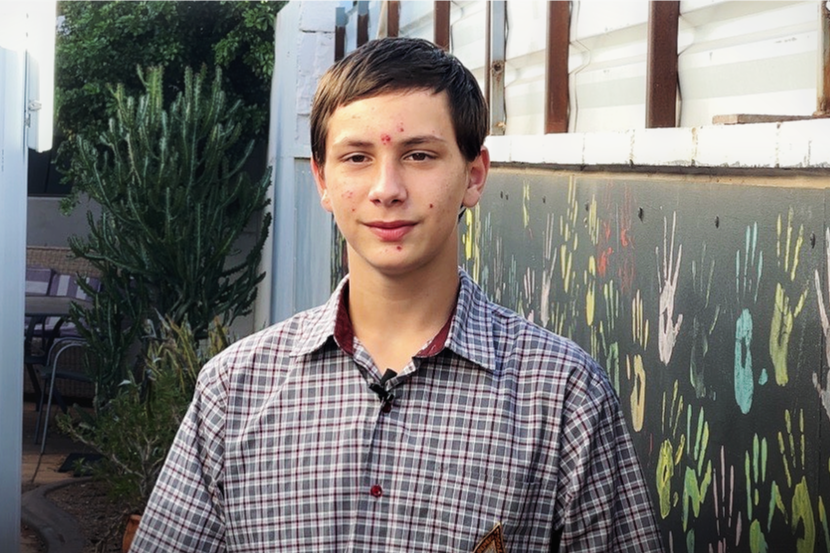 A young boy with brown hair and a red check shirt