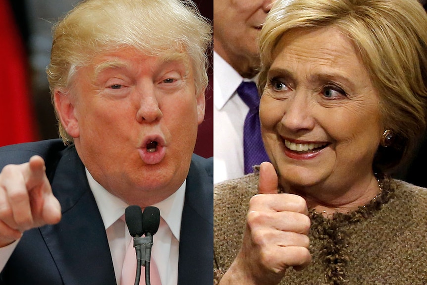 Composite image of Donald Trump, pointing at camera, and Hillary Clinton, giving a thumbs-up.