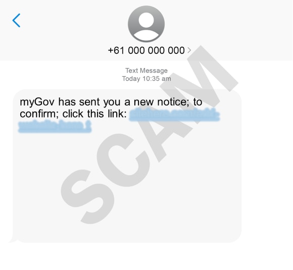 A screenshot of a scam text message, which has a hyperlink that has been blurred out. 