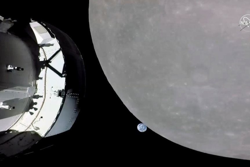 A screengrab shows the moon and a NASA capsule. 