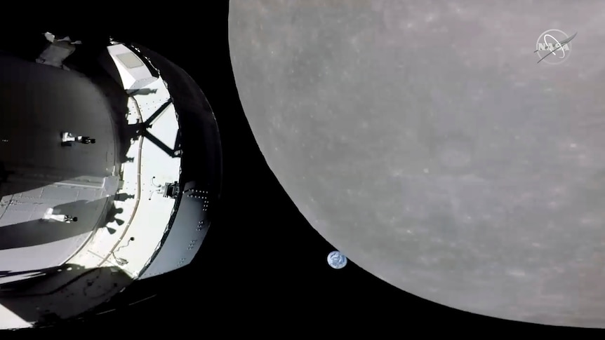 A screengrab shows the moon and a NASA capsule. 