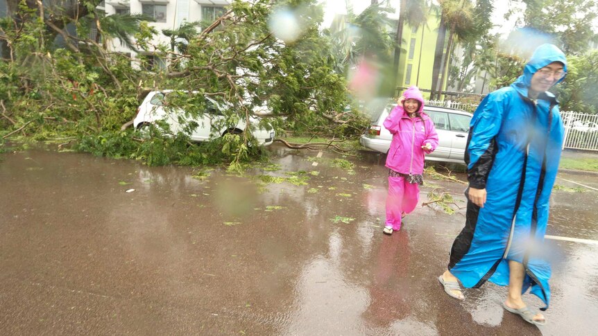 People walk through the CBD past toppled trees wearing rain jackets and ponchos
