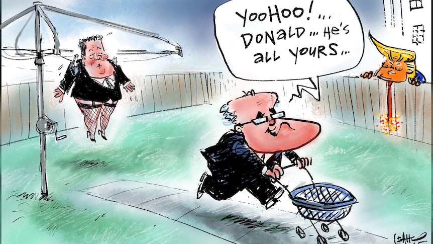 A cartoon off Alexander Downer pegged to a clothes line, Scott Morrison running away and Donald Trump leaning over the fence.