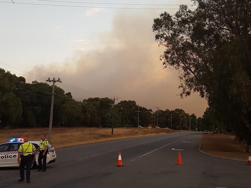 A police car, two officers and orange cones block a highway off to traffic with bushfire smoke in the distance.