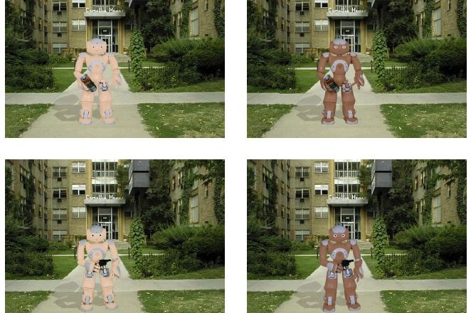 Four similar images showing robots holding either a weapon or a phone, either peach or brown coloured