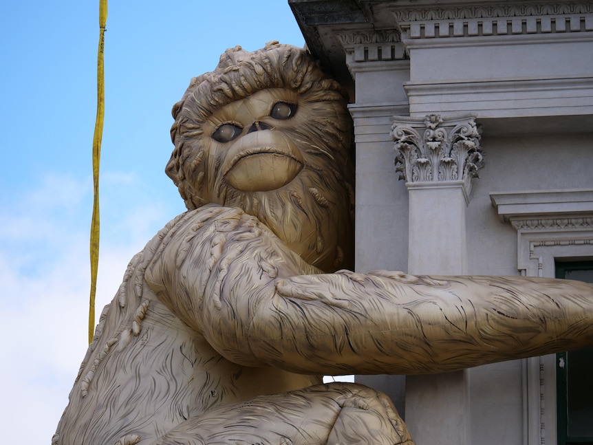 A large inflatable monkey gold in colour
