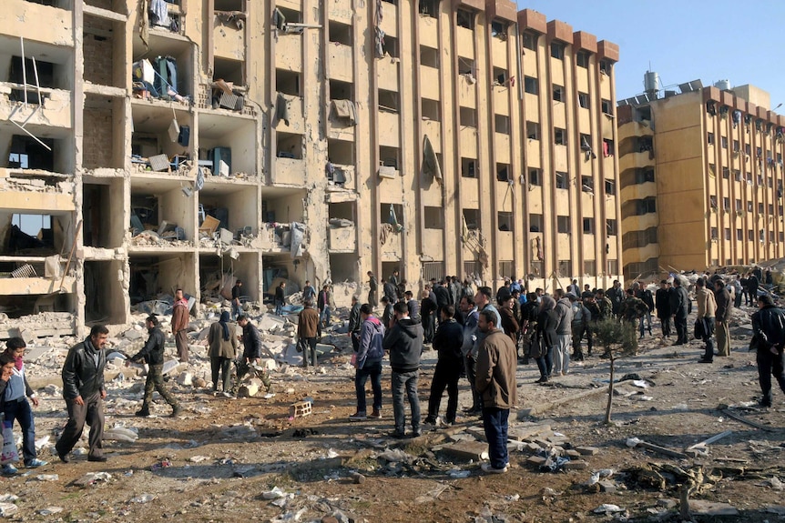The scene of an explosion at Aleppo University in January 2013.