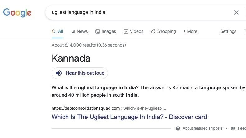 A Google search result for the ugliest language in India that included a feature snippet about Kannada.