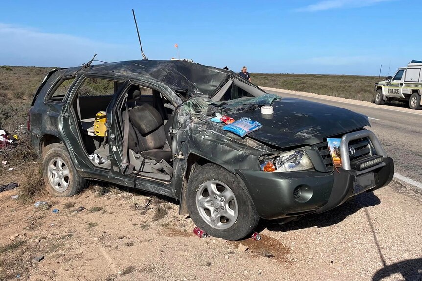 A severely damaged car that was involved in a crash on the Eyre Highway in South Australia.