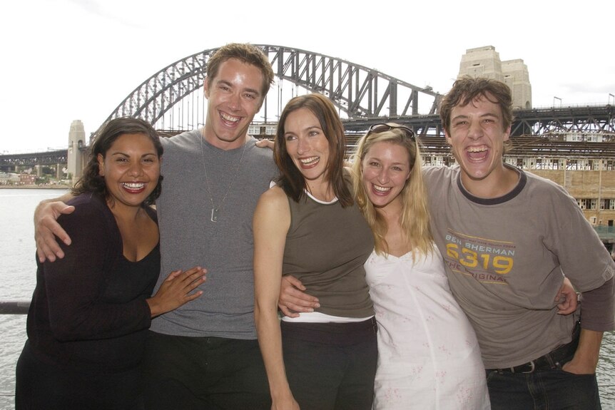 Claudia Karvan and her Secret Life … co-stars smile and laugh in front of the Harbour Bridge in Sydney.