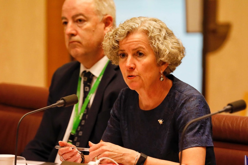 Stephanie Foster talks into a microphone in a wood panelled room