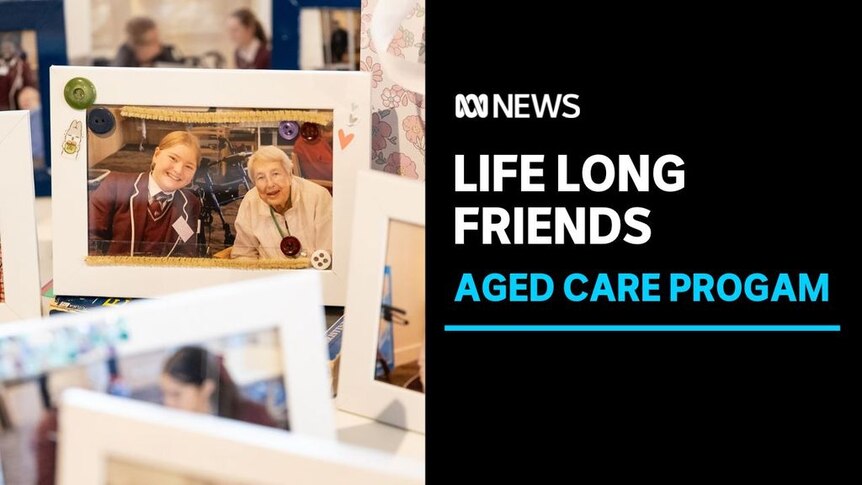 Life Long Friends. Aged Care Program. Framed photograph of a high school student and aged care resident smiling. 