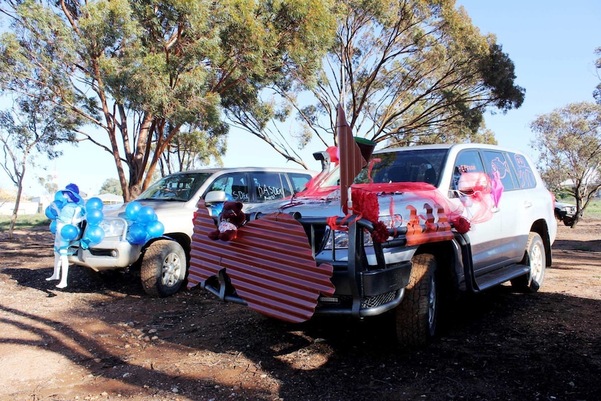 Cars are adorned in team colours for the School of the Air sports carnival.