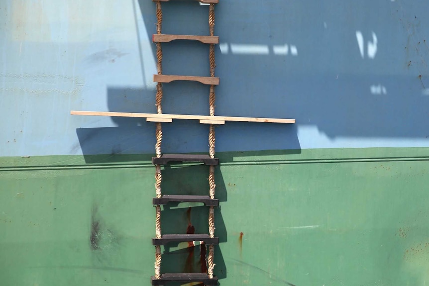 A rope ladder on the side of a container ship.