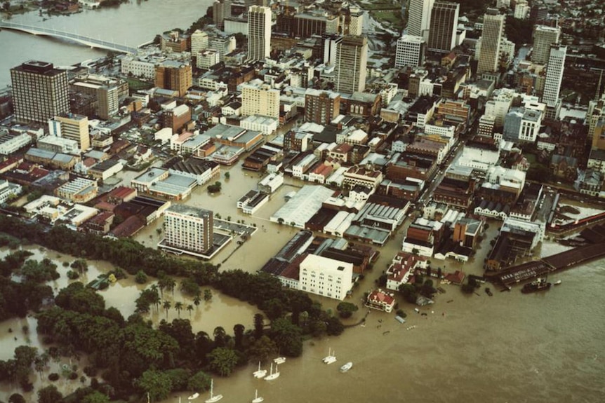 An aerial shot of the 1974 Brisbane floods.