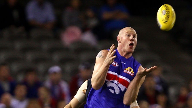 Bulldogs forward Barry Hall marks on a lead on his way to six goals against the Blues.