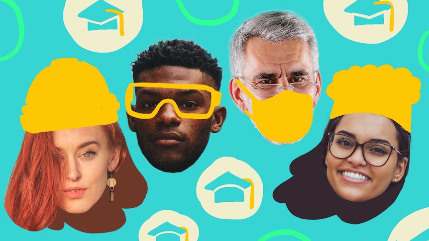Illustration of people wearing hats for different jobs, like construction and medicine, they are changing careers through study.