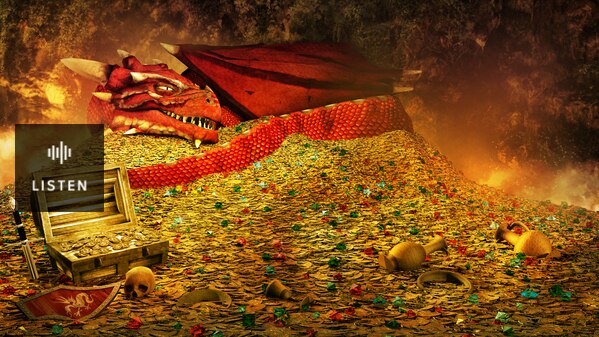 A smiling red dragon rests on an impossibly large mound of gold, with a treasure chest and skull in the foreground. Has Audio.