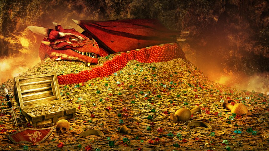 A smiling red dragon rests on an impossibly large mound of gold, with a treasure chest and skull in the foreground