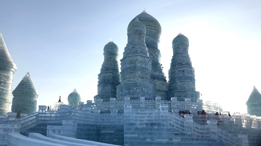 A huge ice sculpture resembling Moscow's Saint Basil Cathedral.